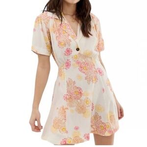 Free People Hawaii Dress Empire Waist Short Sleeve Mini Length Pink Yellow Cream